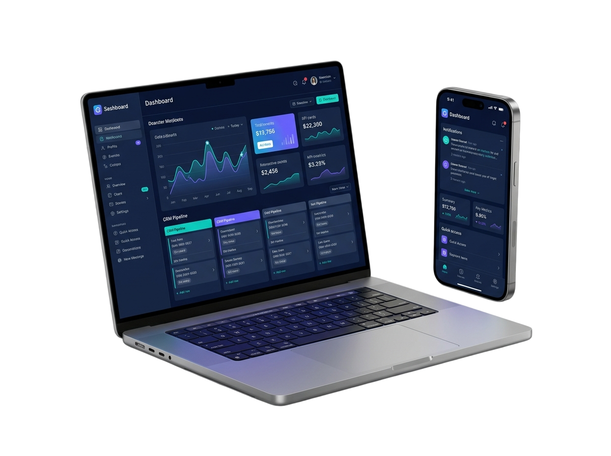 Dashboard SaaS en laptop y móvil