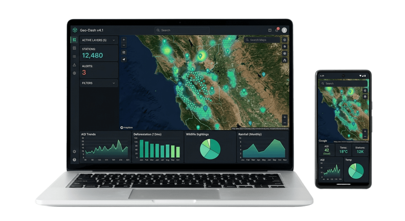 Mockup demo de geovisor ambiental con mapas y datos geoespaciales