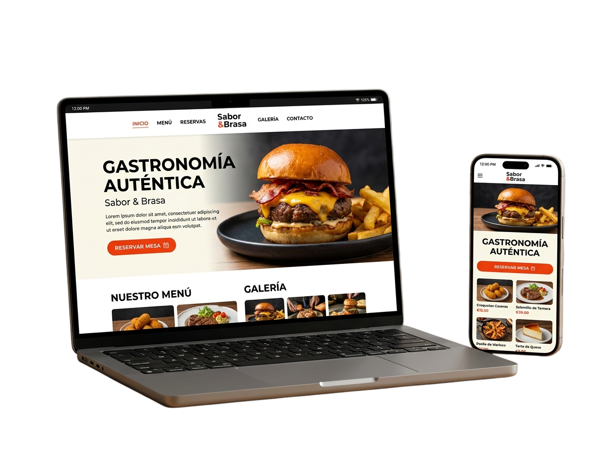 Sitio de restaurante en laptop y móvil